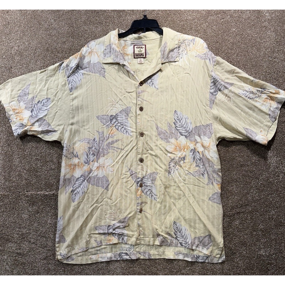 VINTAGE Tommy Bahama Silk Hawaiian Shirt Mens Large‎ Palm Aloha Tropical Relax